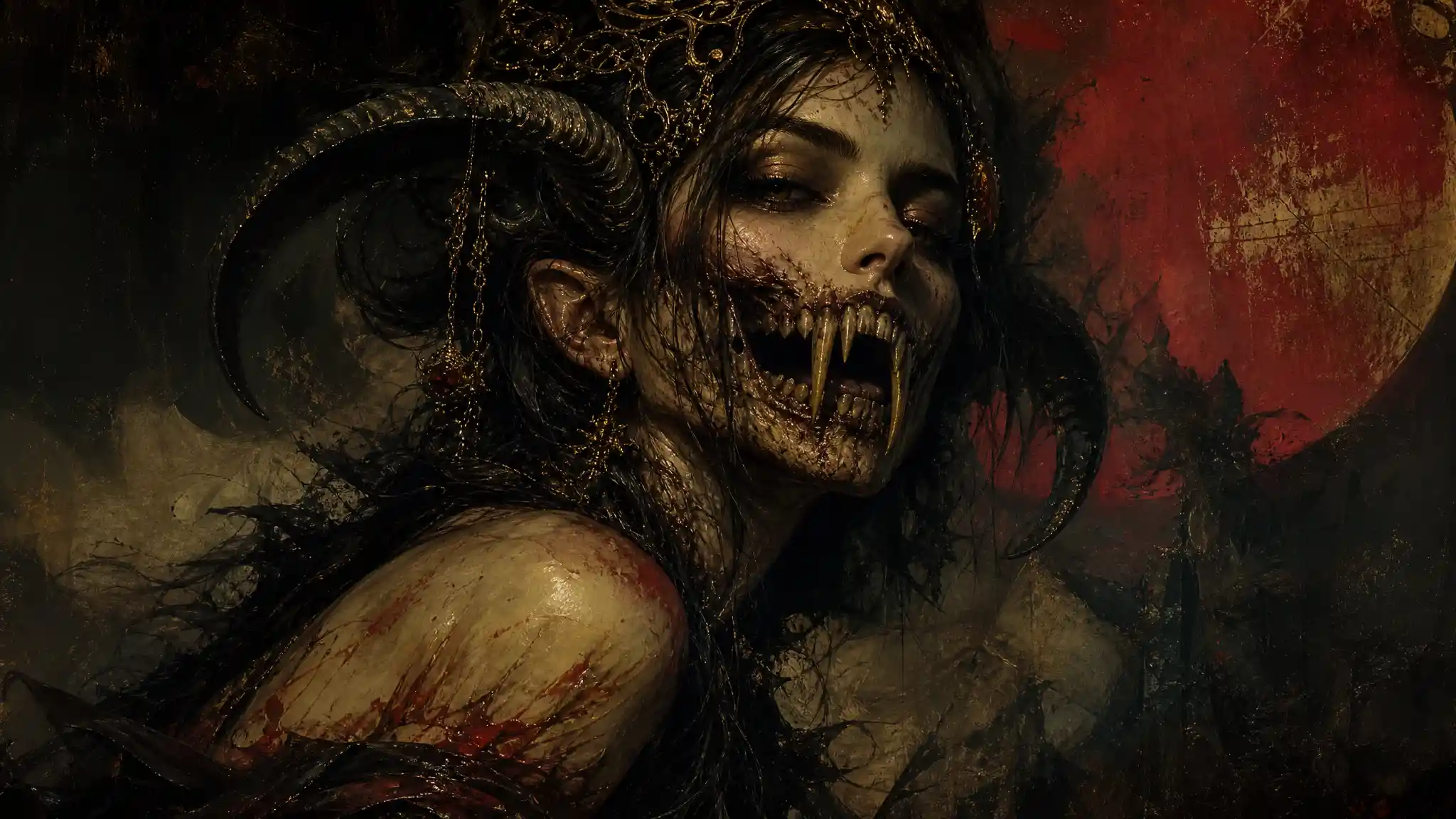 Surreal demon woman with exposed jaw and eerie fangs