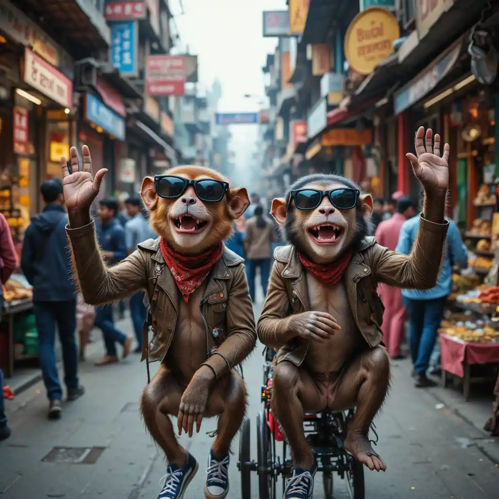 Dog and monkey explore colorful Chandni Chowk market