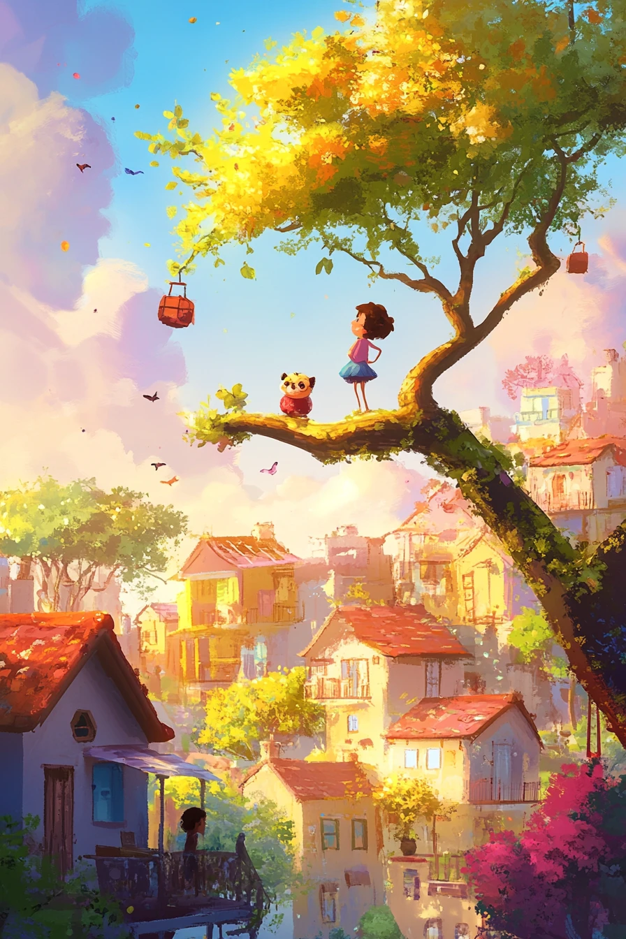 Ilustración de cuento infantil estilo anime en brillantes tonos pastel