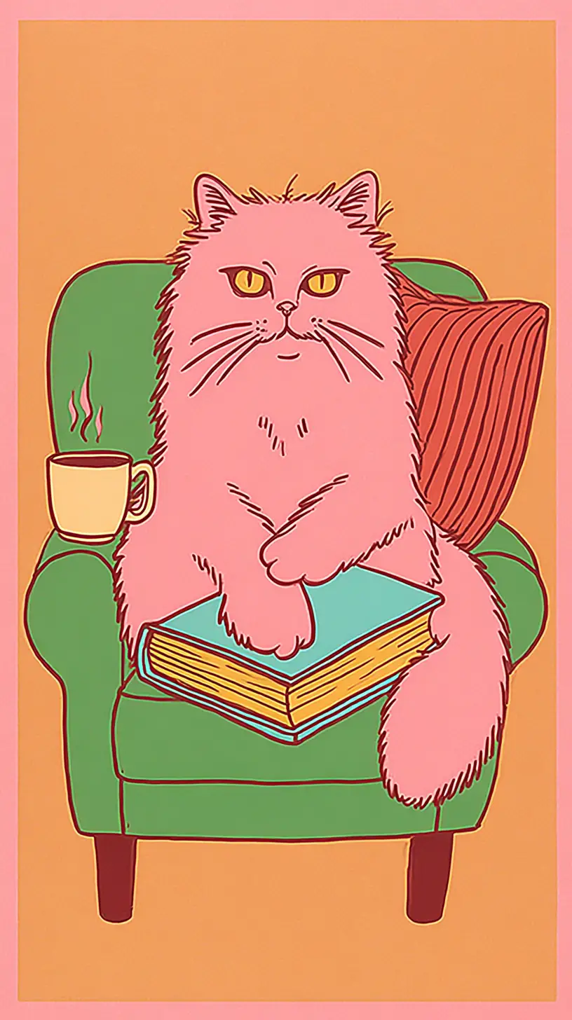 Serious striped cat reading in a cozy green armchair