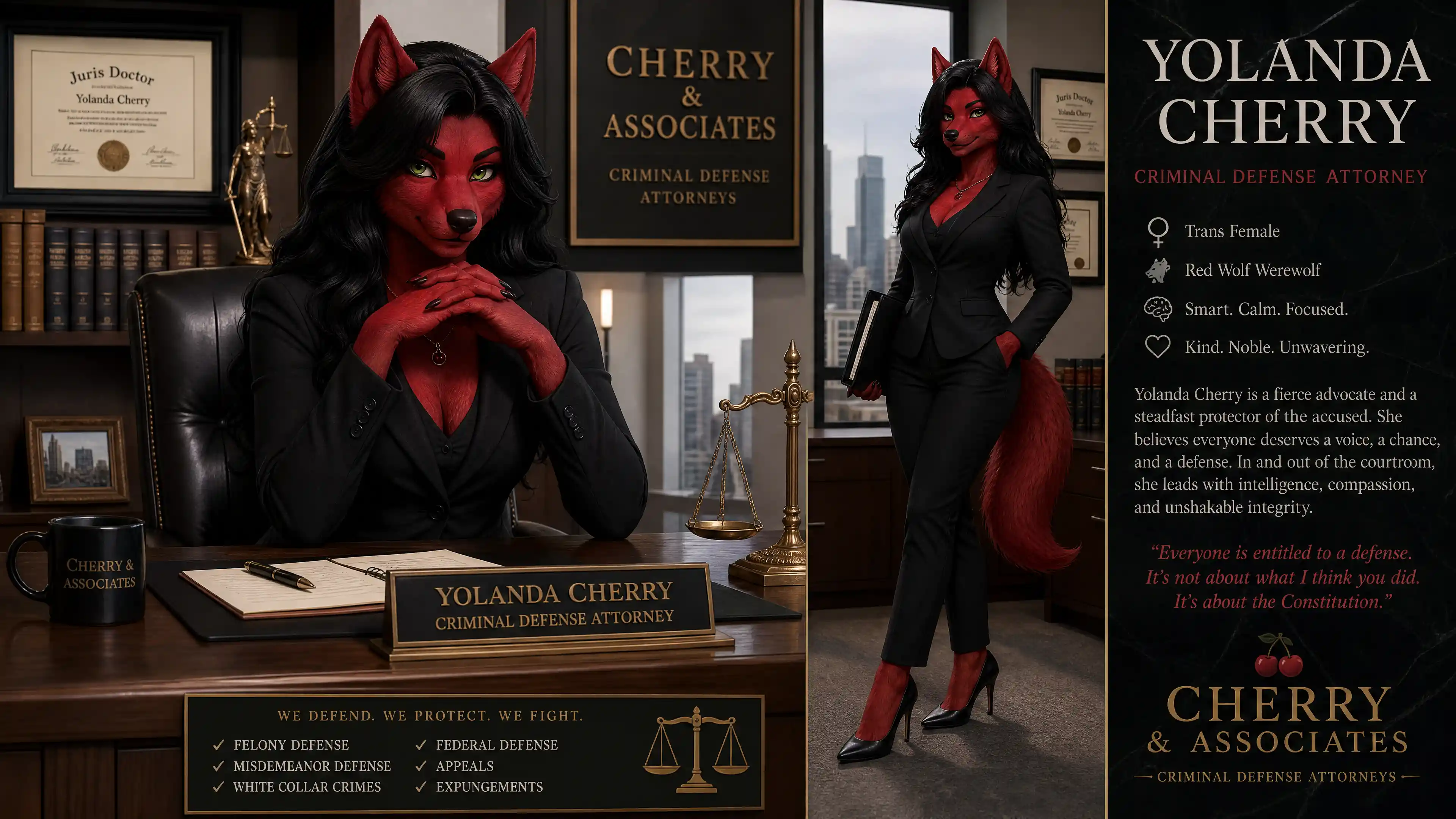 Calm red fur werewolf attorney in a sharp black suit