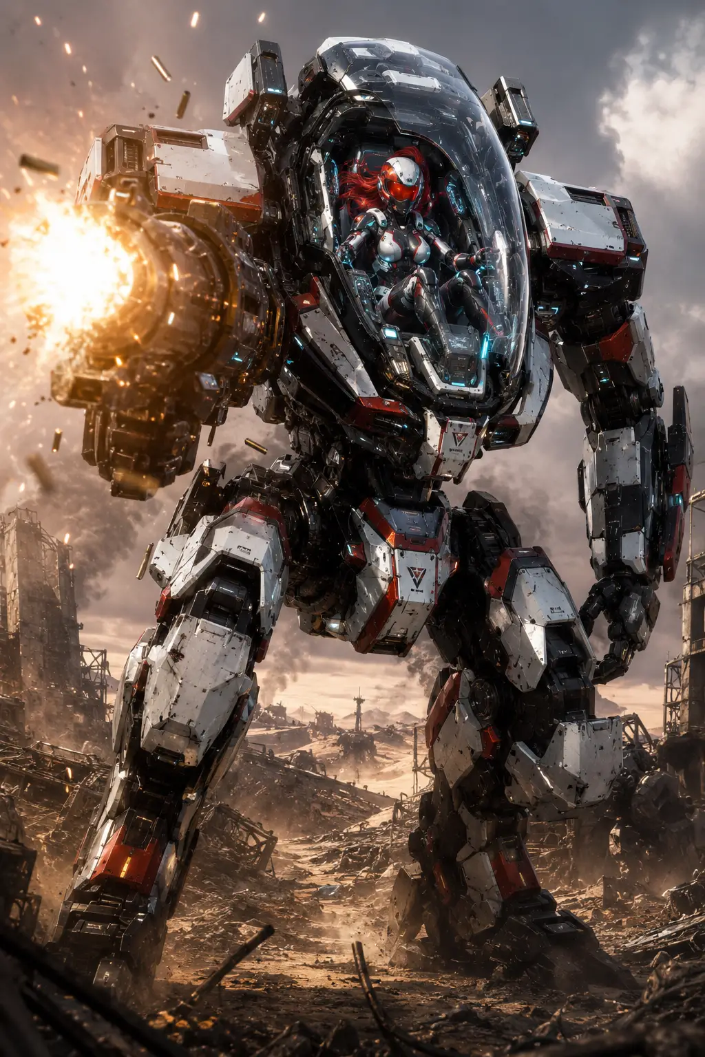 Woman piloting a mech in a ruined desert battlefield