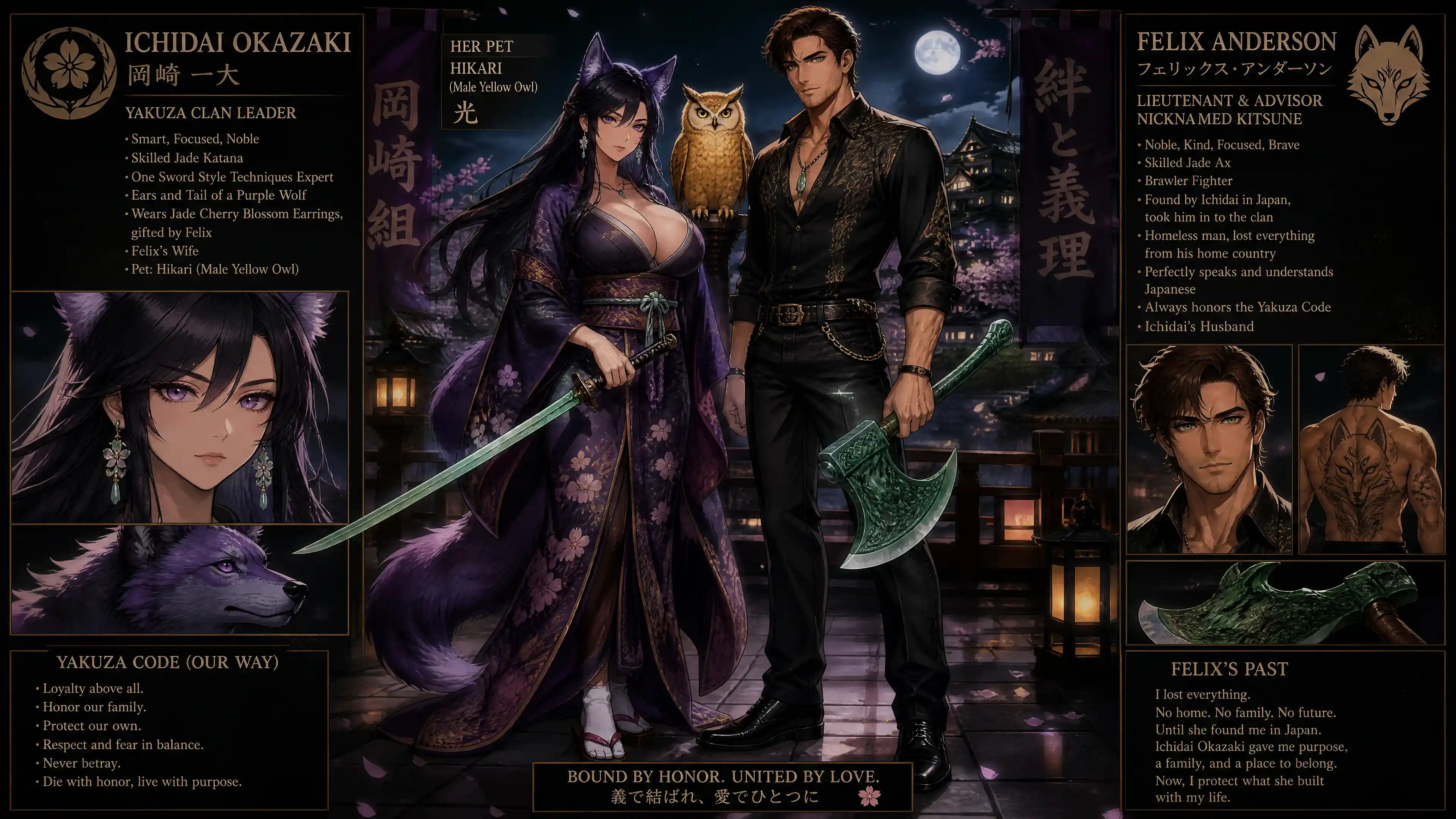 Noble wolf eared yakuza woman with jade katana