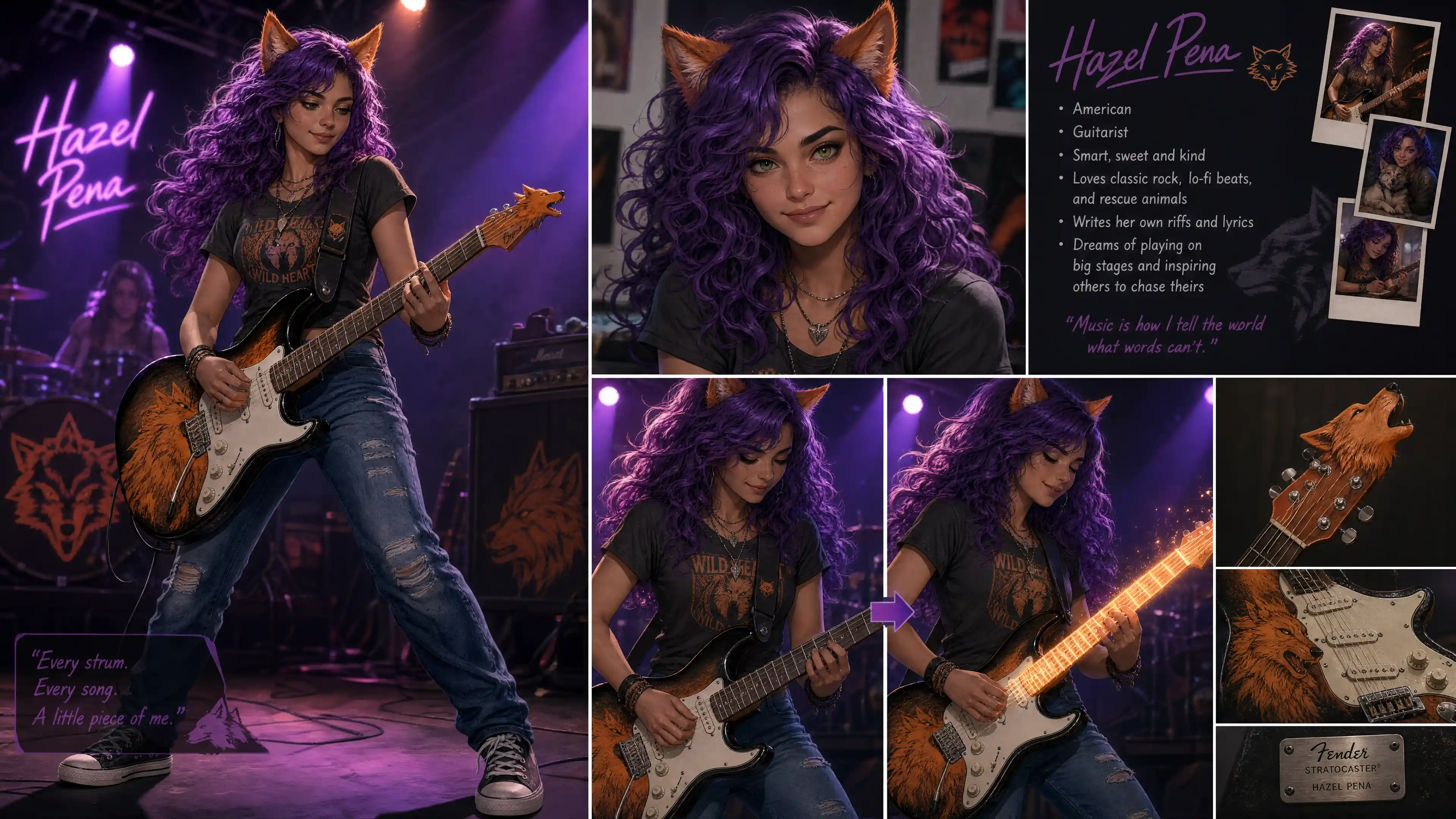 Purple haired guitarist woman with orange wolf ears