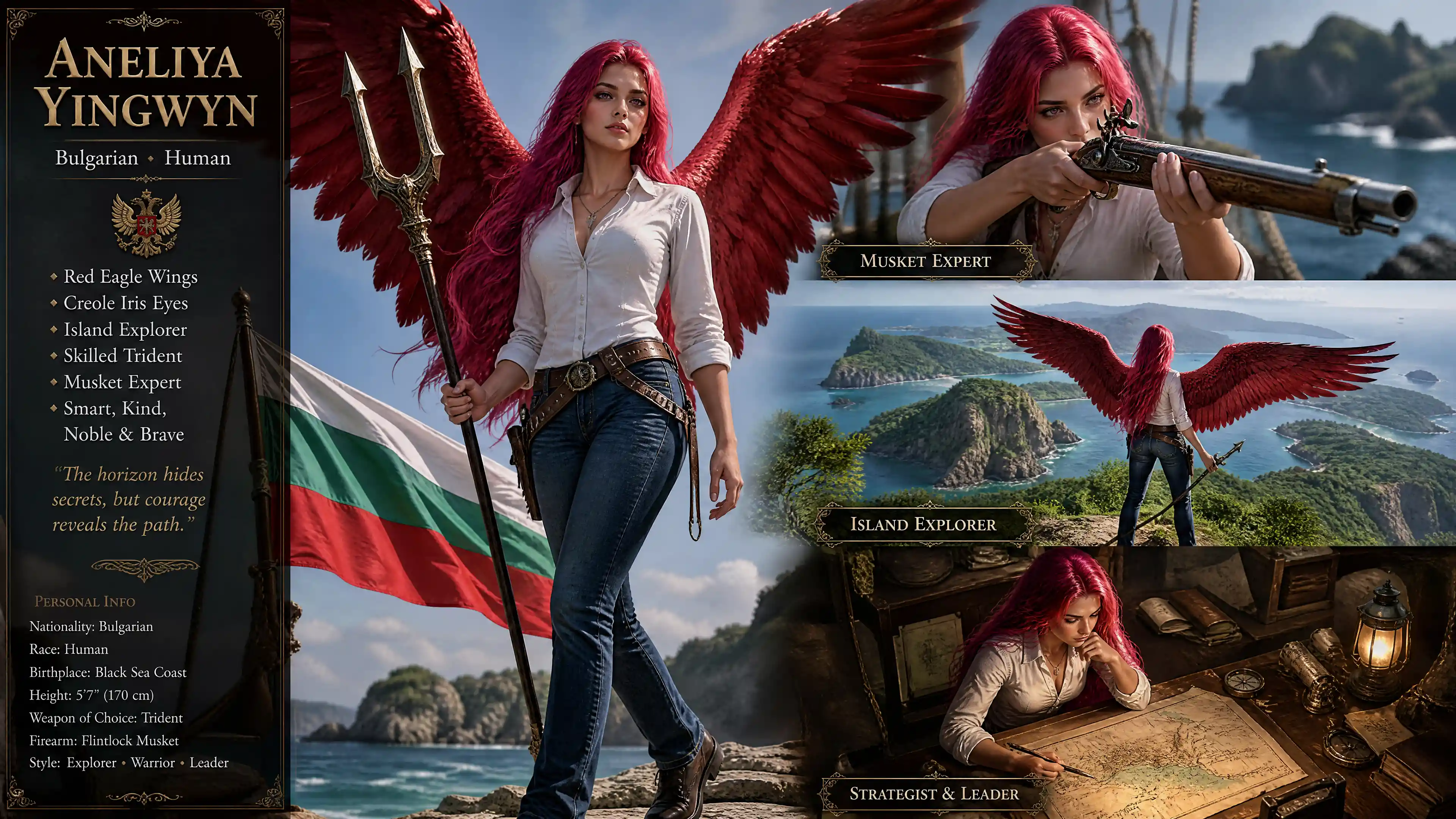 Winged island explorer woman with trident and musket
