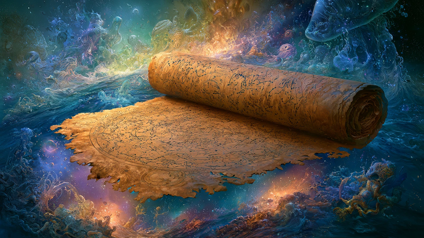 Ancient star map unfurling over a surreal cosmic landscape