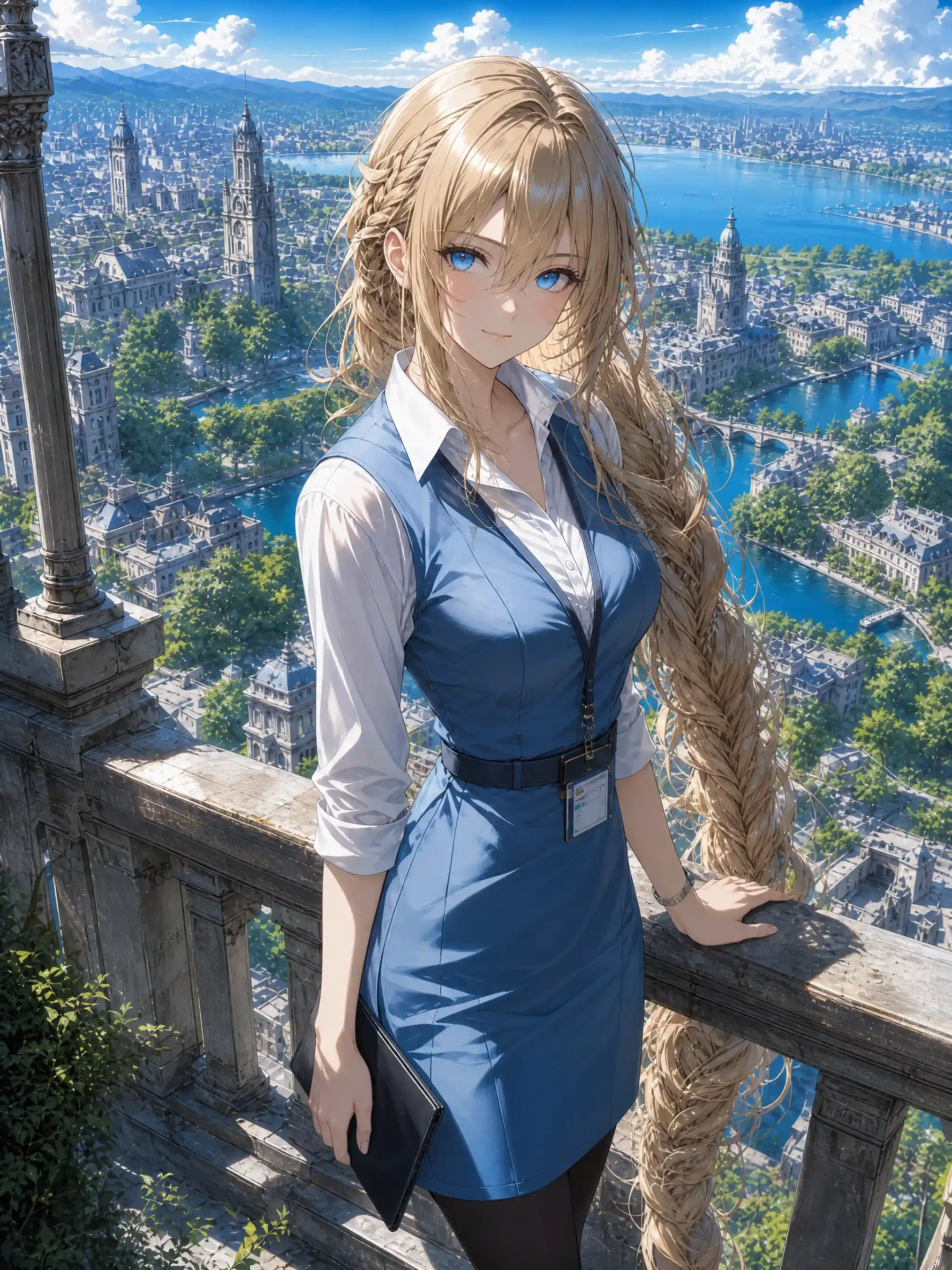 Office lady anime girl on terrace above detailed city