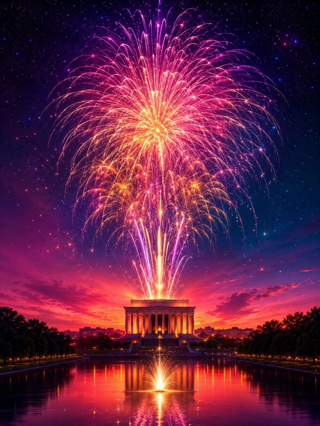Fuegos artificiales sobre el Monumento a Lincoln de noche
