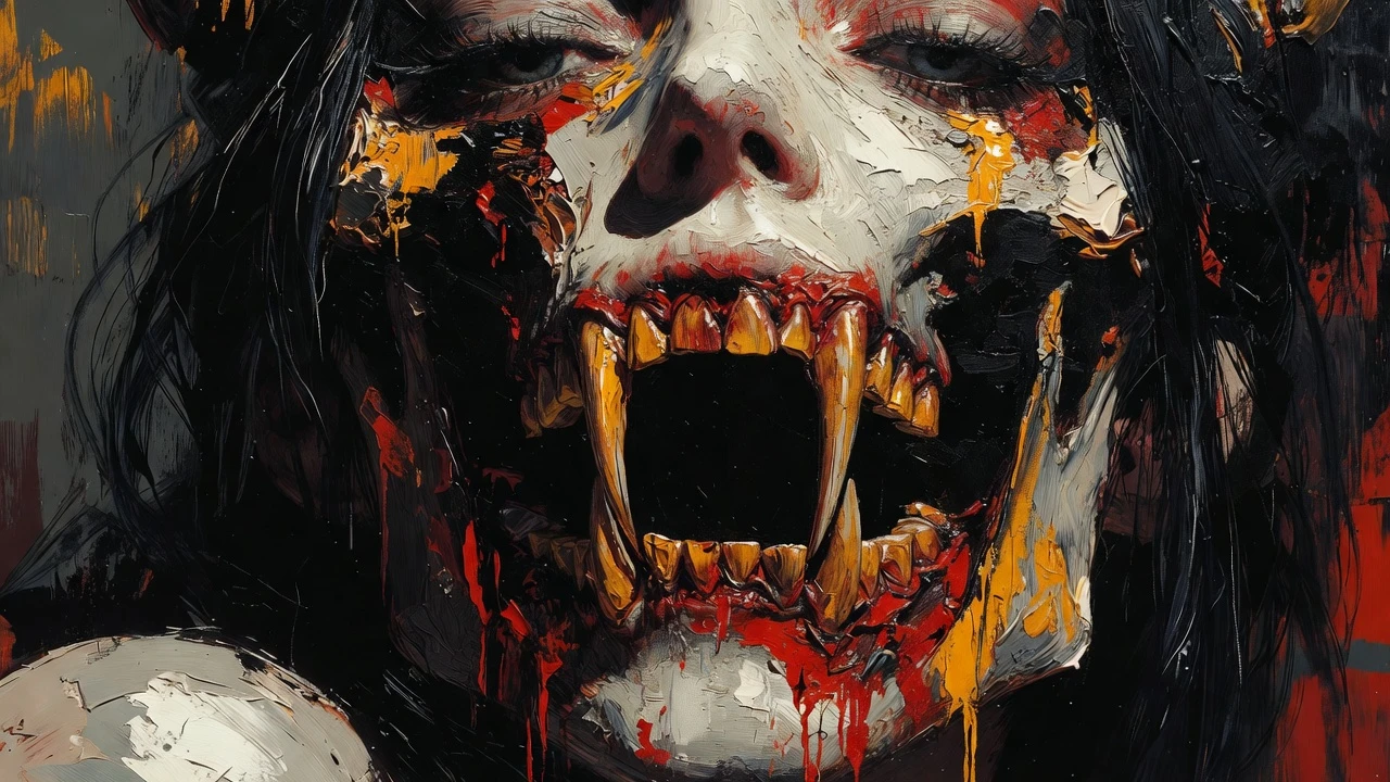 Surreal demon woman with exposed jaw and fiery light