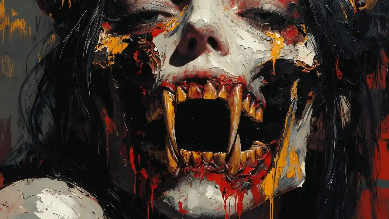 Surreal demon woman with exposed jaw and fiery light