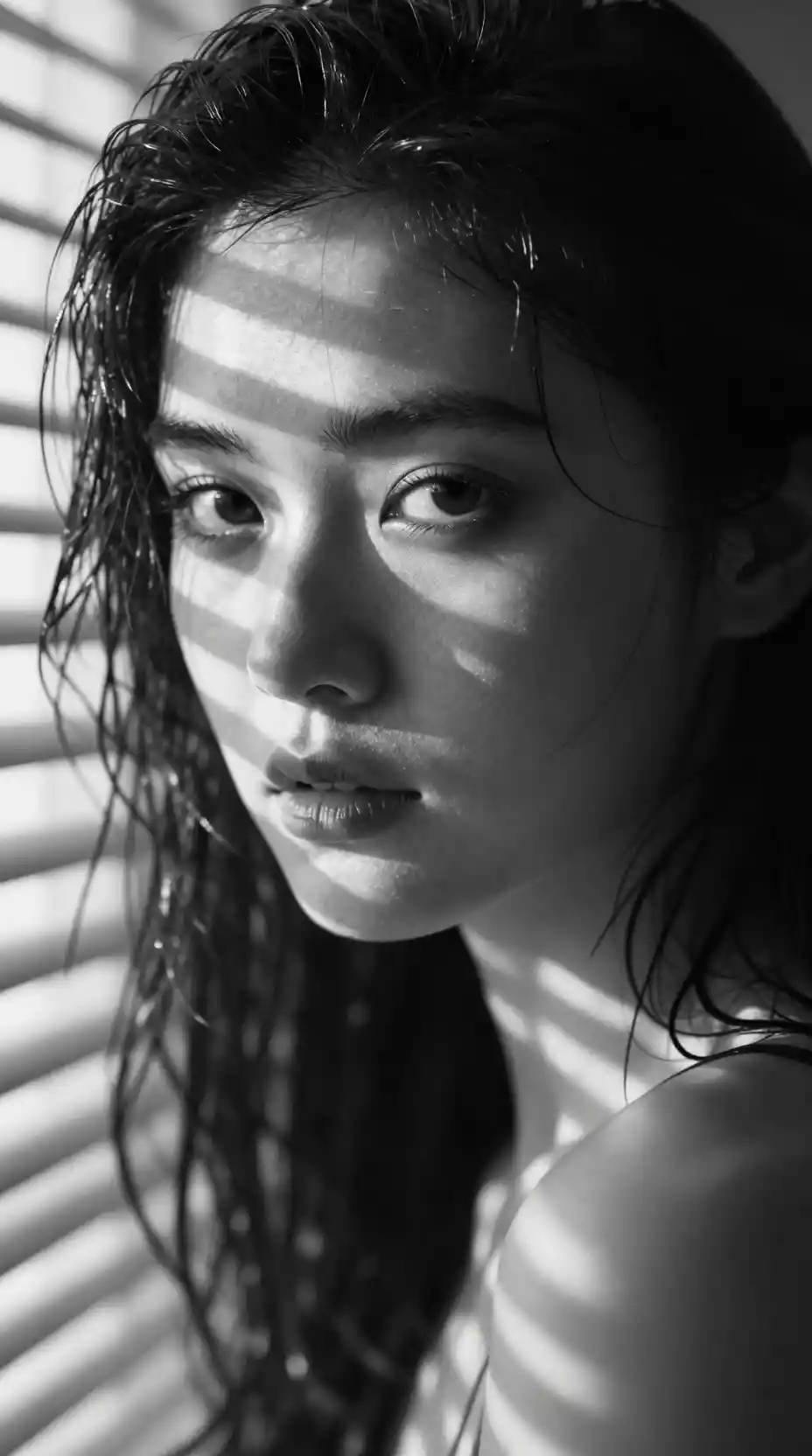 Black and white close up portrait of a contemplative woman