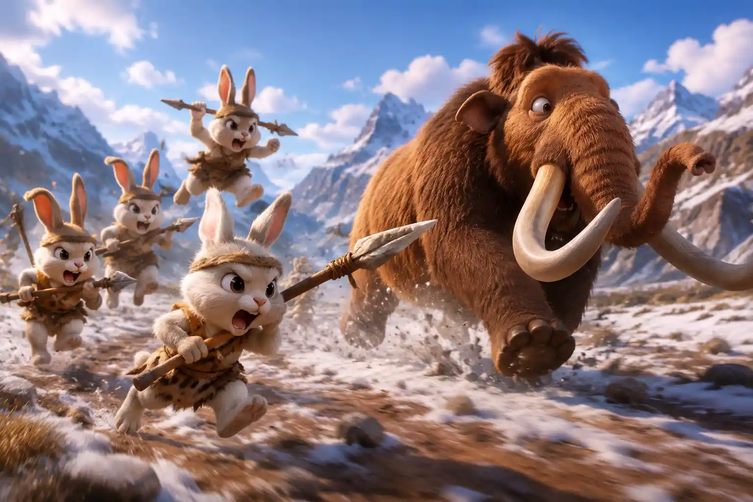 Tiernos conejos de anime cazando un mamut en estilo 3D