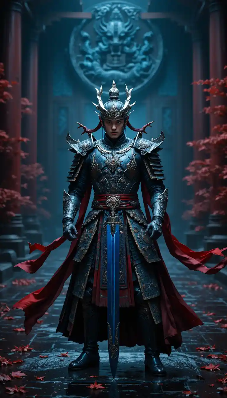 Regal warrior in ornate armor inside grand temple hall