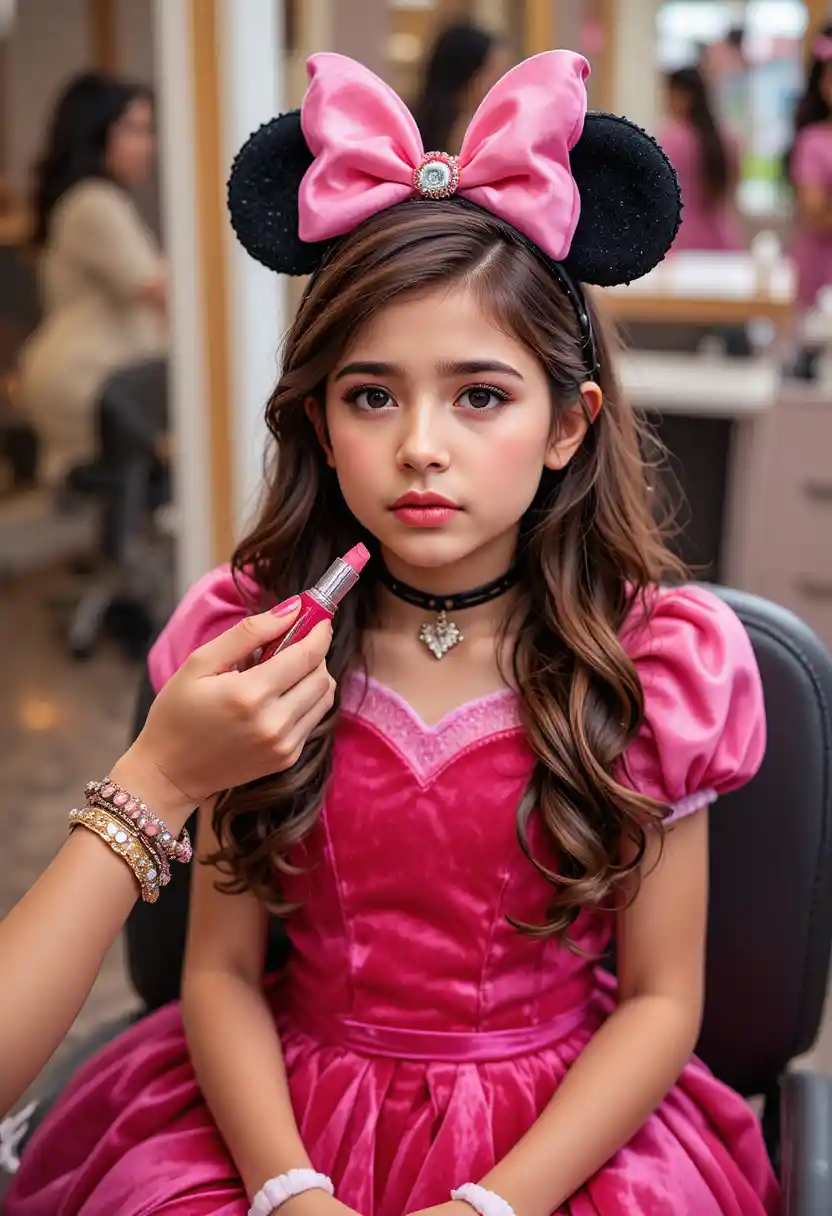 Nervous boy in pink Minnie dress getting lipstick applied
