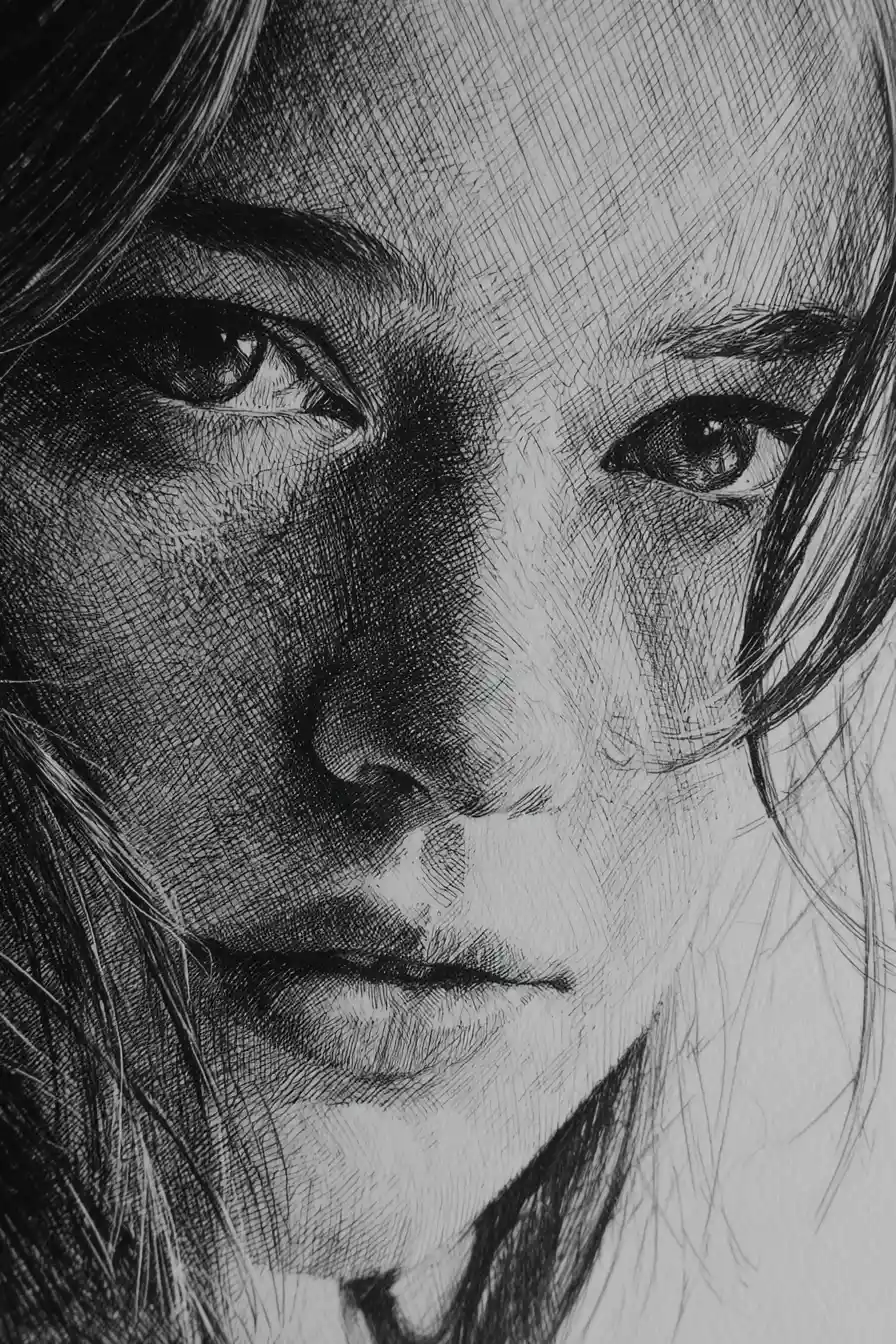 Melancholic pencil portrait with dramatic chiaroscuro shadows
