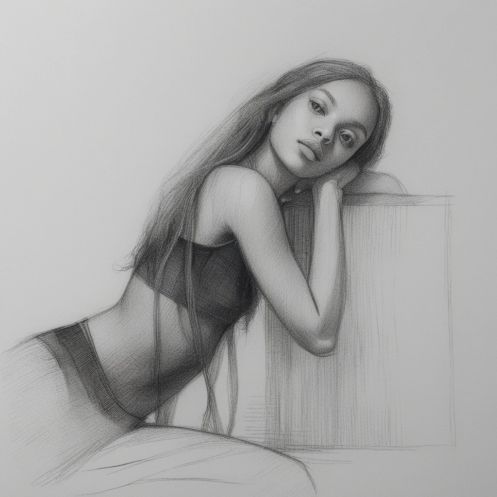 Graphite drawing of a woman in a three quarter pose