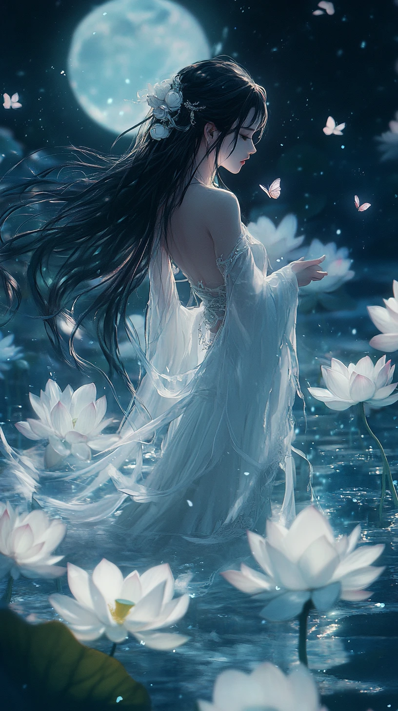 Warrior woman with crystal sword in moonlit lotus ruins