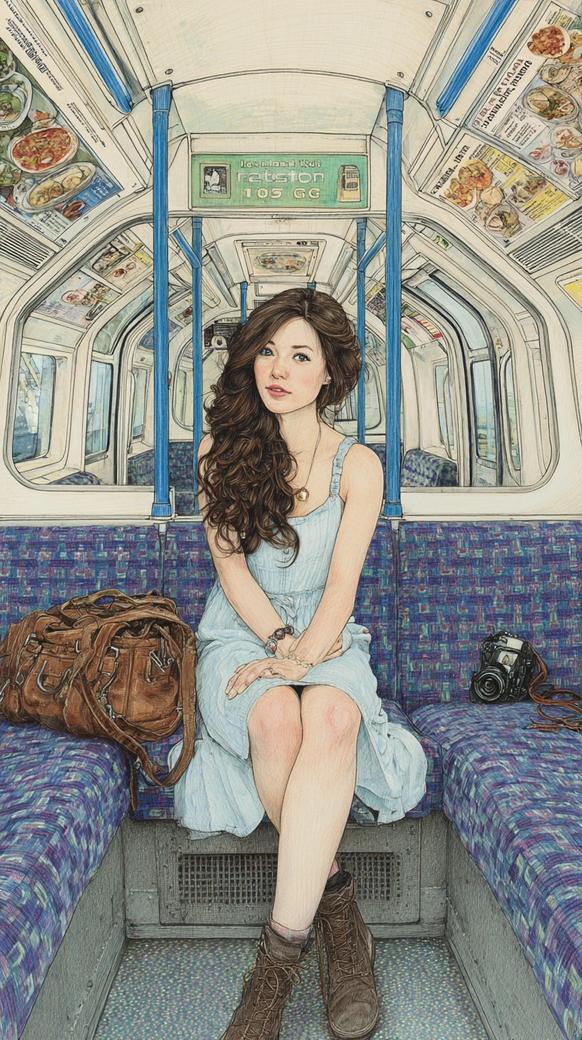 Young woman on London Underground seat in pencil illustration