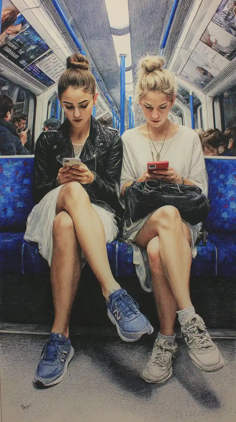 Two young women on a paris metro train seat