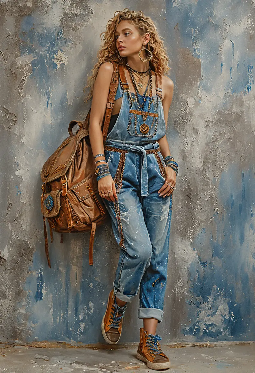 Bohemian woman in denim overalls against concrete wall