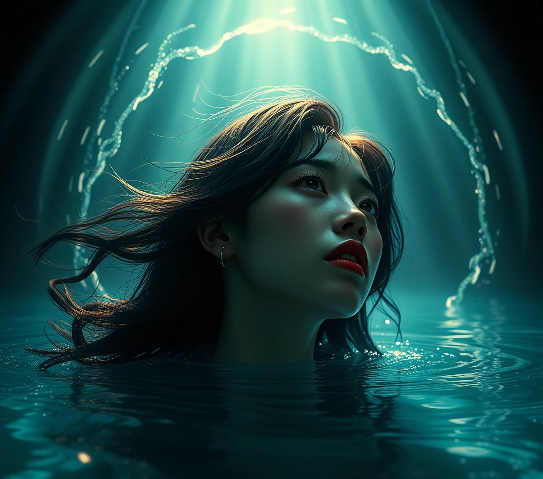 Dark woman emerging from shadows in surreal horror scene