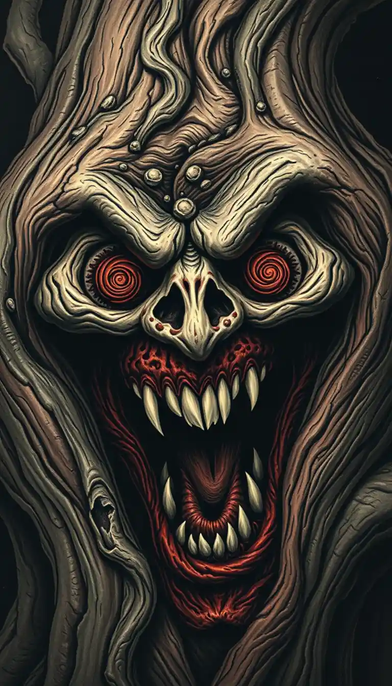 Screaming face fused with twisted spiral tree bark
