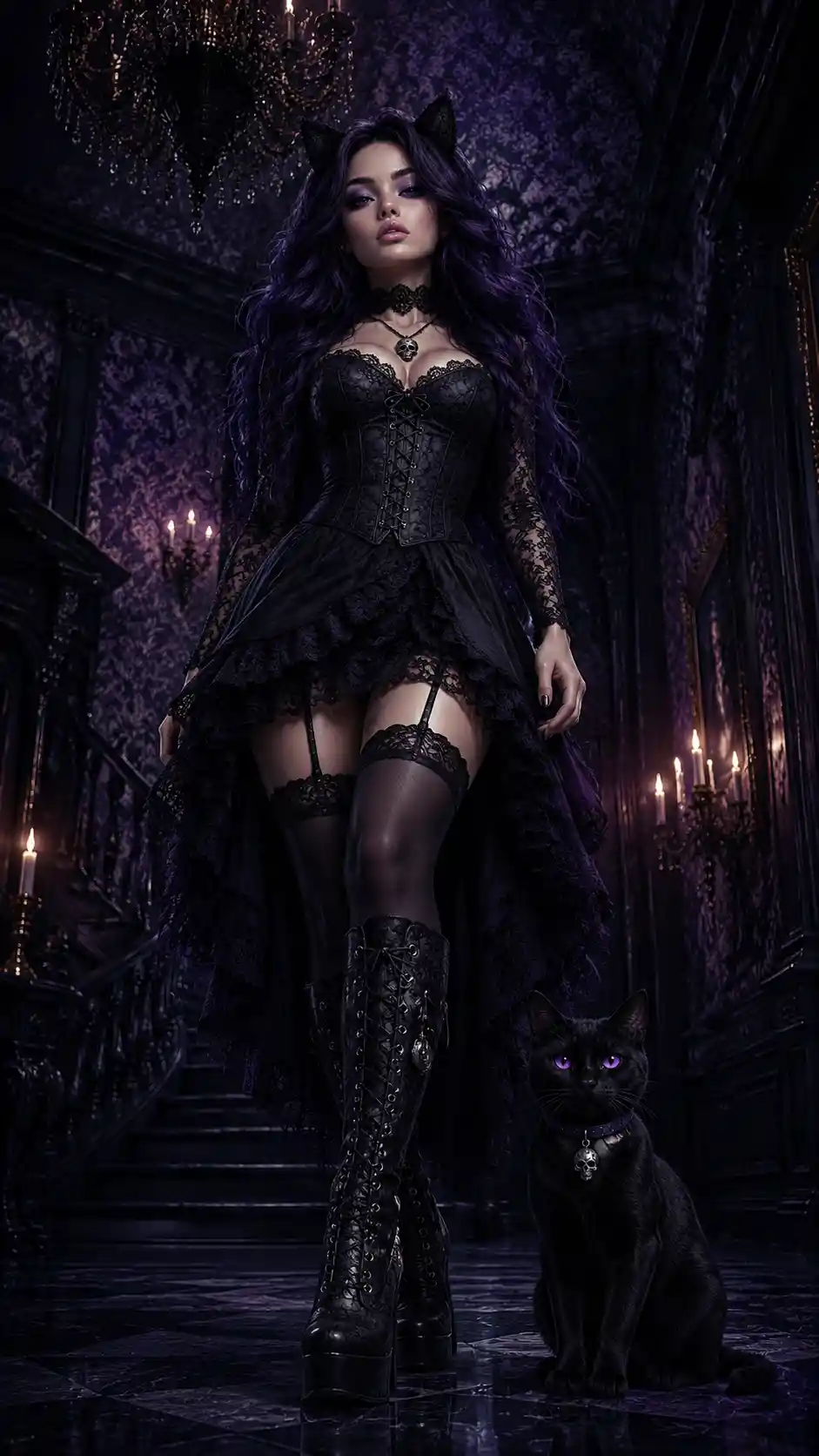 Woman and cat in a low angle gothic mansion scene