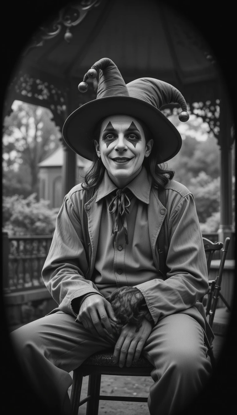 Sad clown singing on a stool under a quiet gazebo