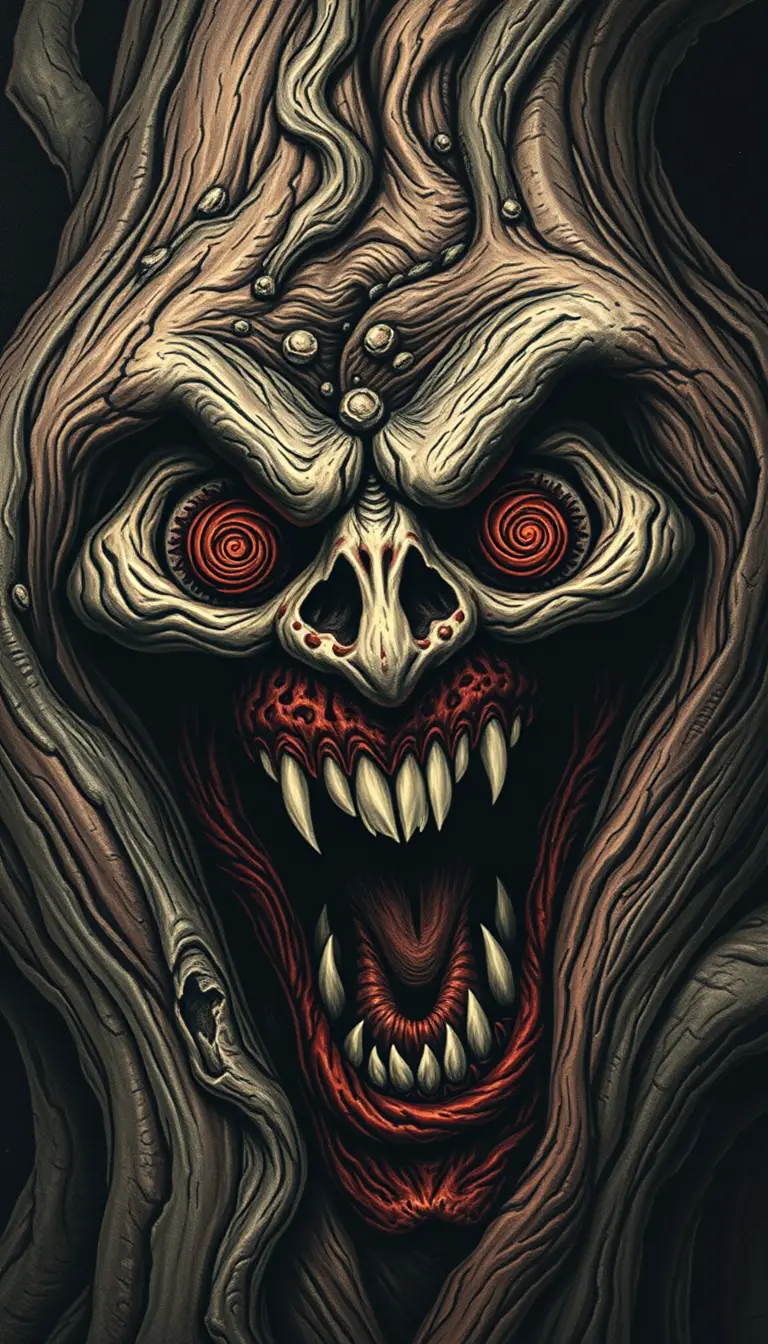 Screaming face fused with twisted spiral tree bark