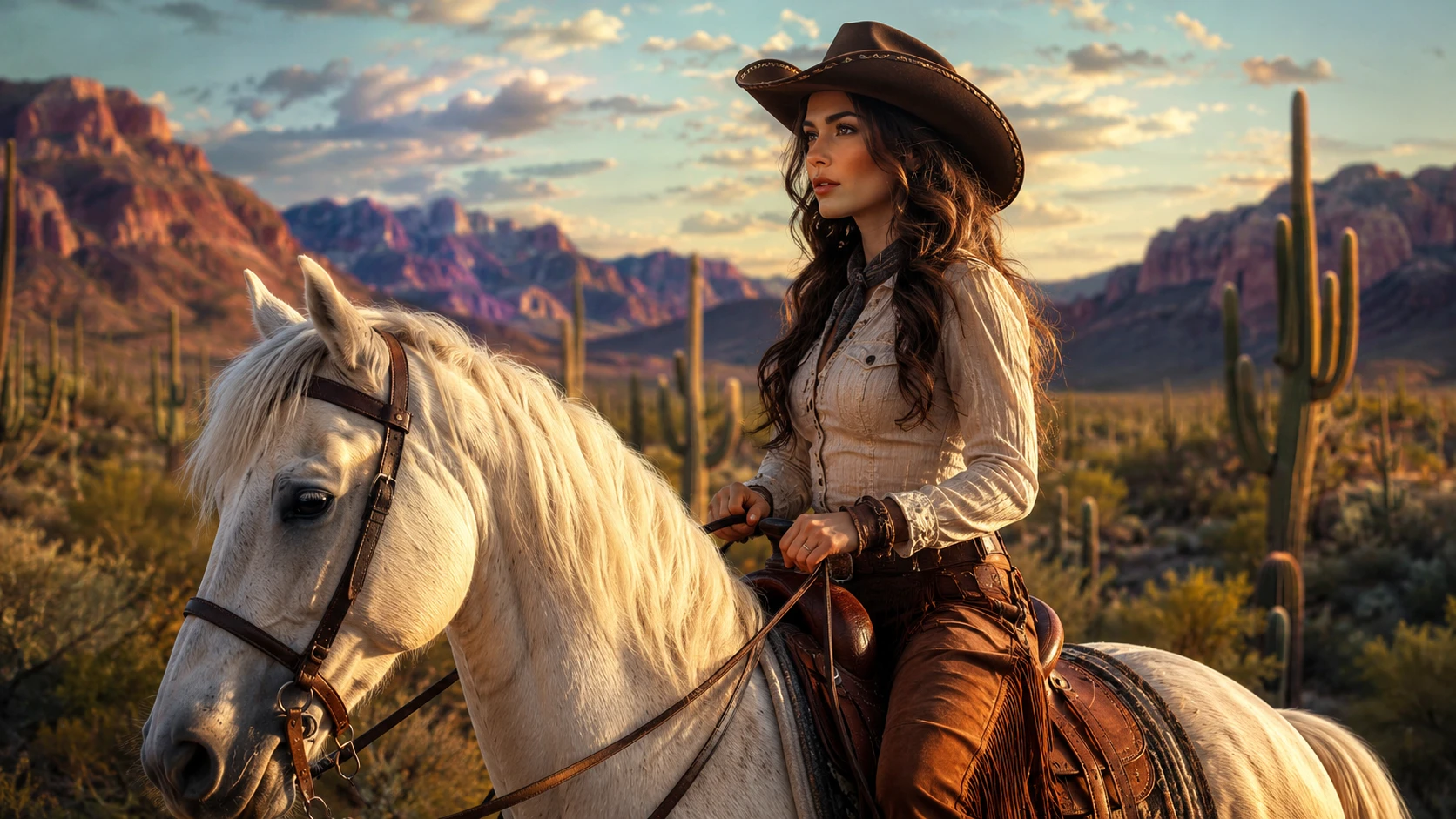 Cowgirl riding a white horse in the Arizona desert