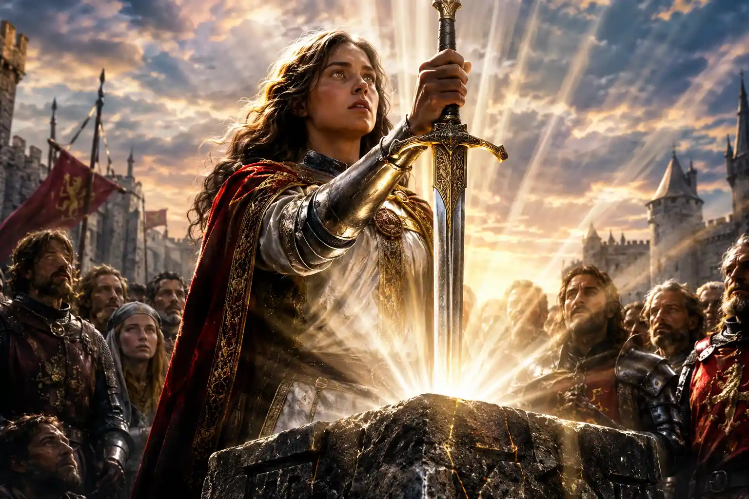 Young female Arthur drawing the sword at dawn