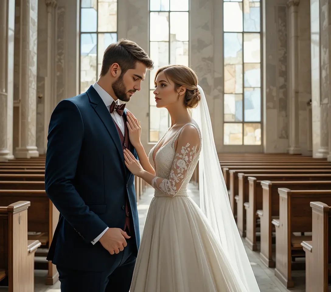 Casal moderno em casamento íntimo no interior sereno de uma igreja