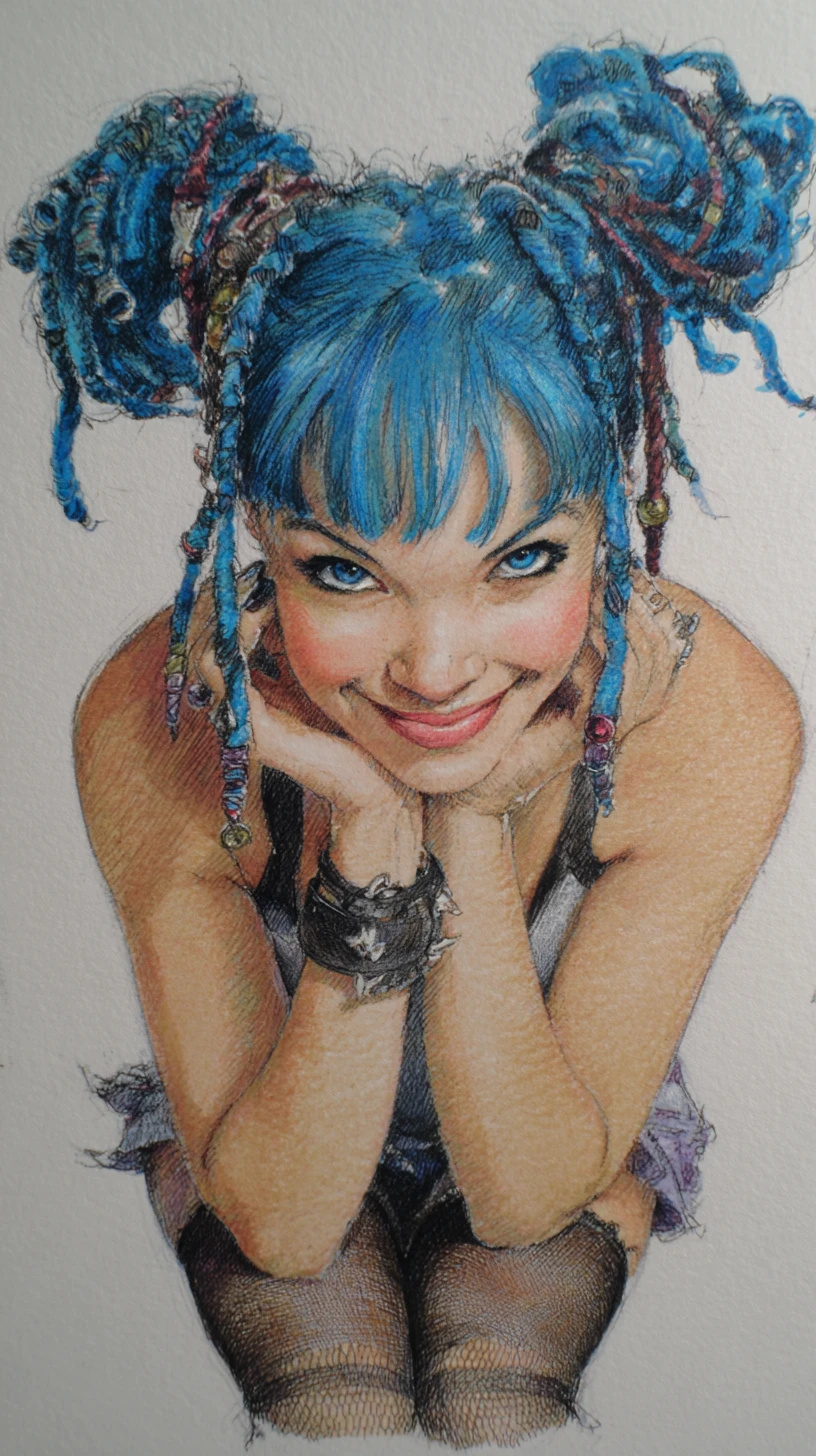 Ragazza giocosa con dreadlock blu accovacciata sulla strada pavimentata