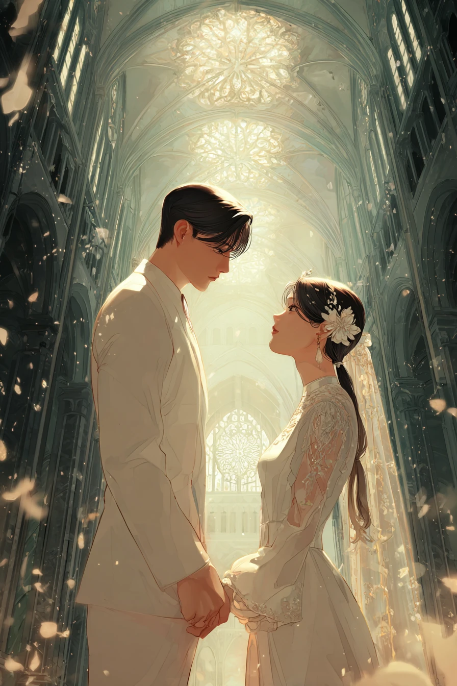 Romantic fantasy book cover with bridal cathedral lighting