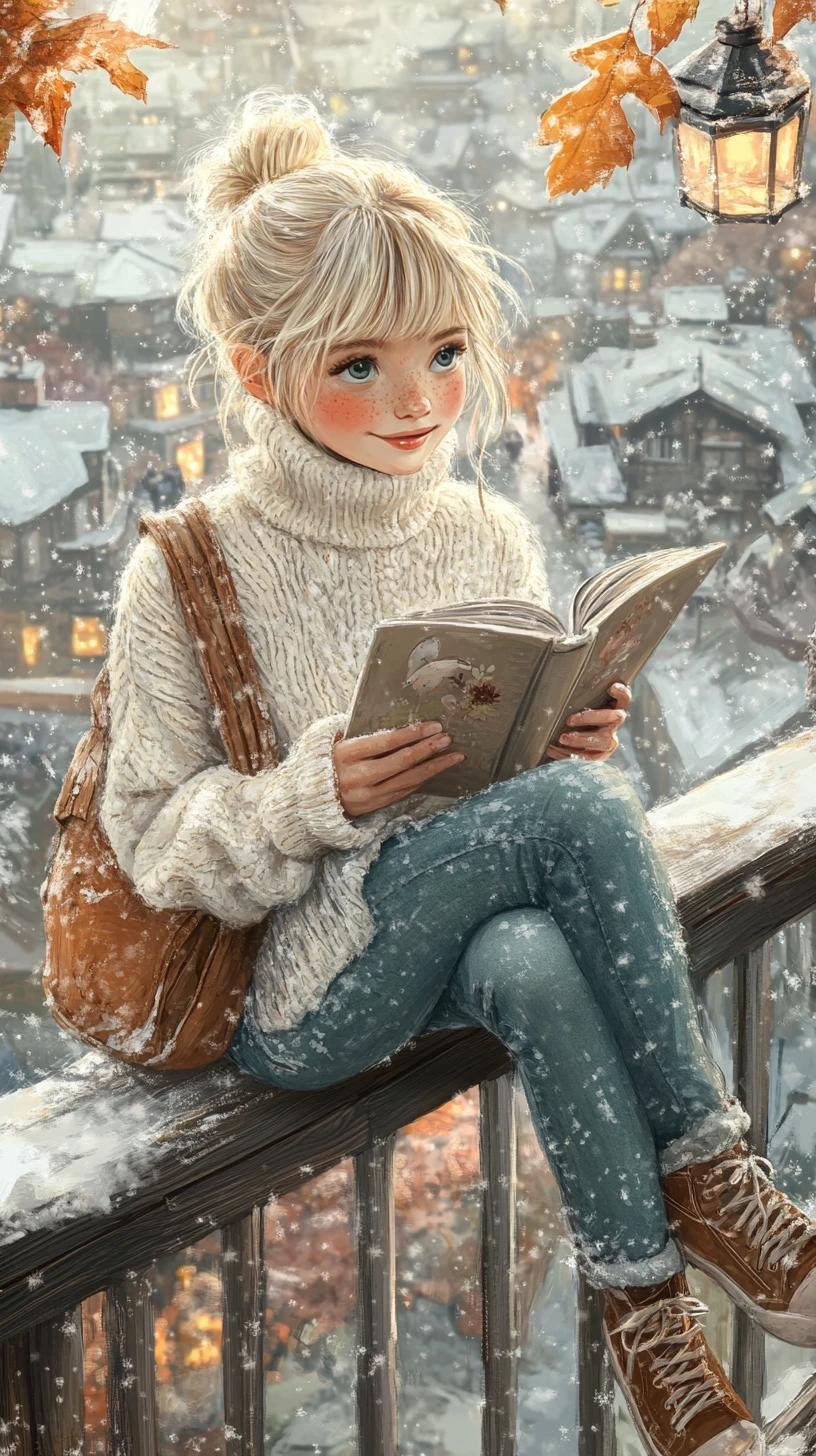 Girl reading above a snowy village in soft glowing light