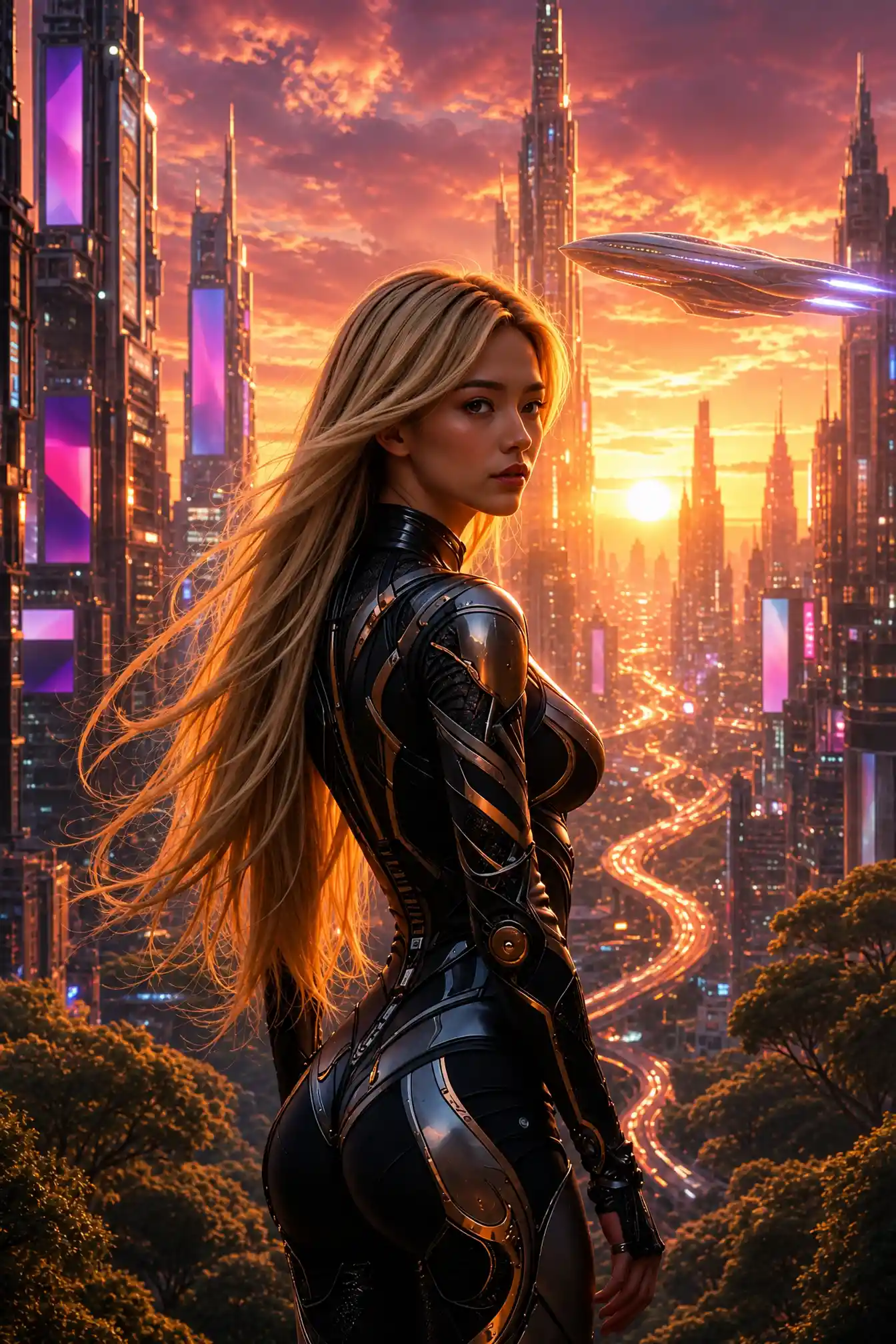 Woman in black armor at sunset over futuristic city