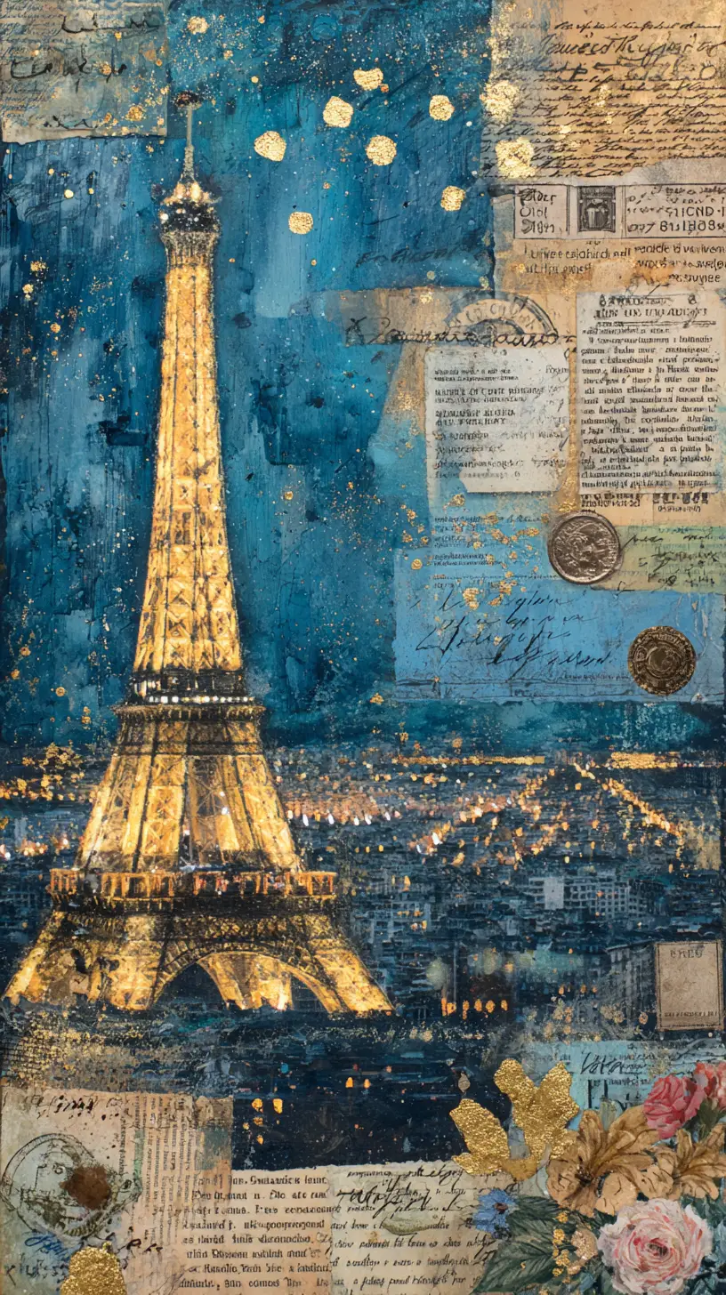 Mixed media collage of the Eiffel Tower with Paris skyline