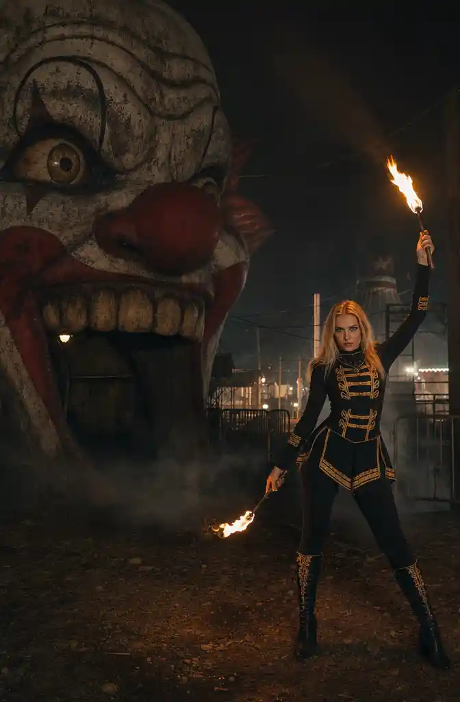 Cinematic night scene in an abandoned circus park