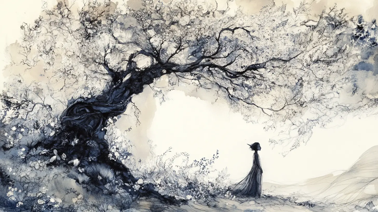 Elf Beside Ancient Tree Made Of Translucent Botanical Layers
