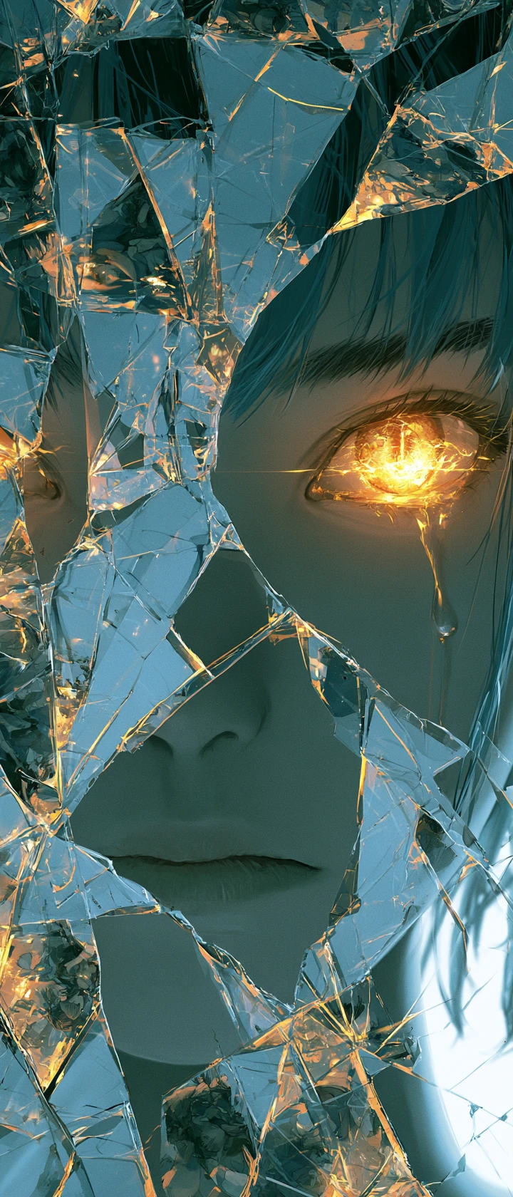 Chica de anime detrás de un cristal roto con ojo dorado brillante