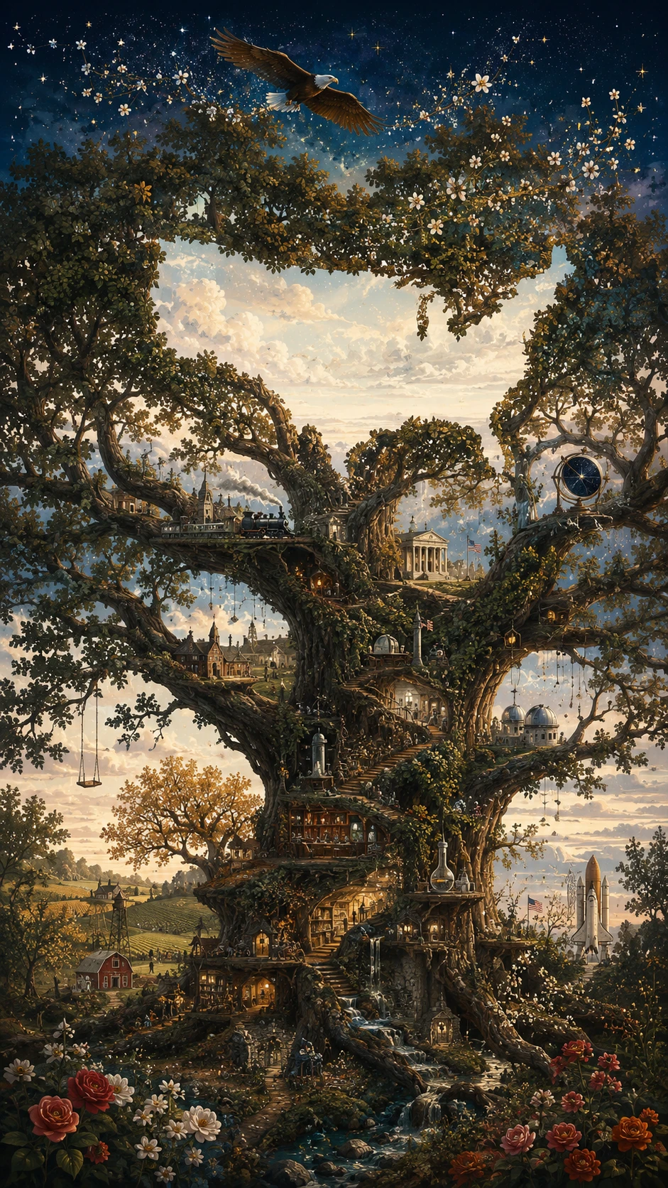 Ancient oak tree weaving generations into living architecture