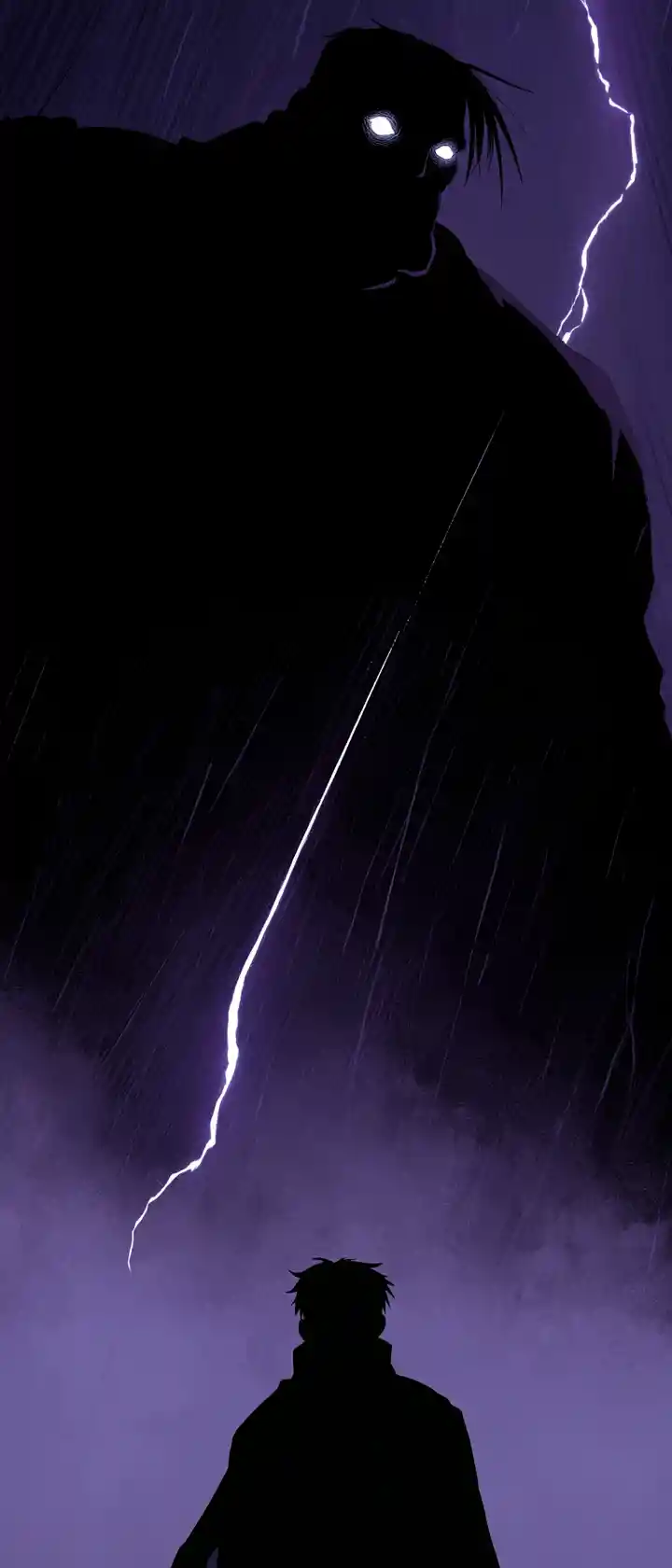 Anime hero faces towering villain under stormy lightning sky