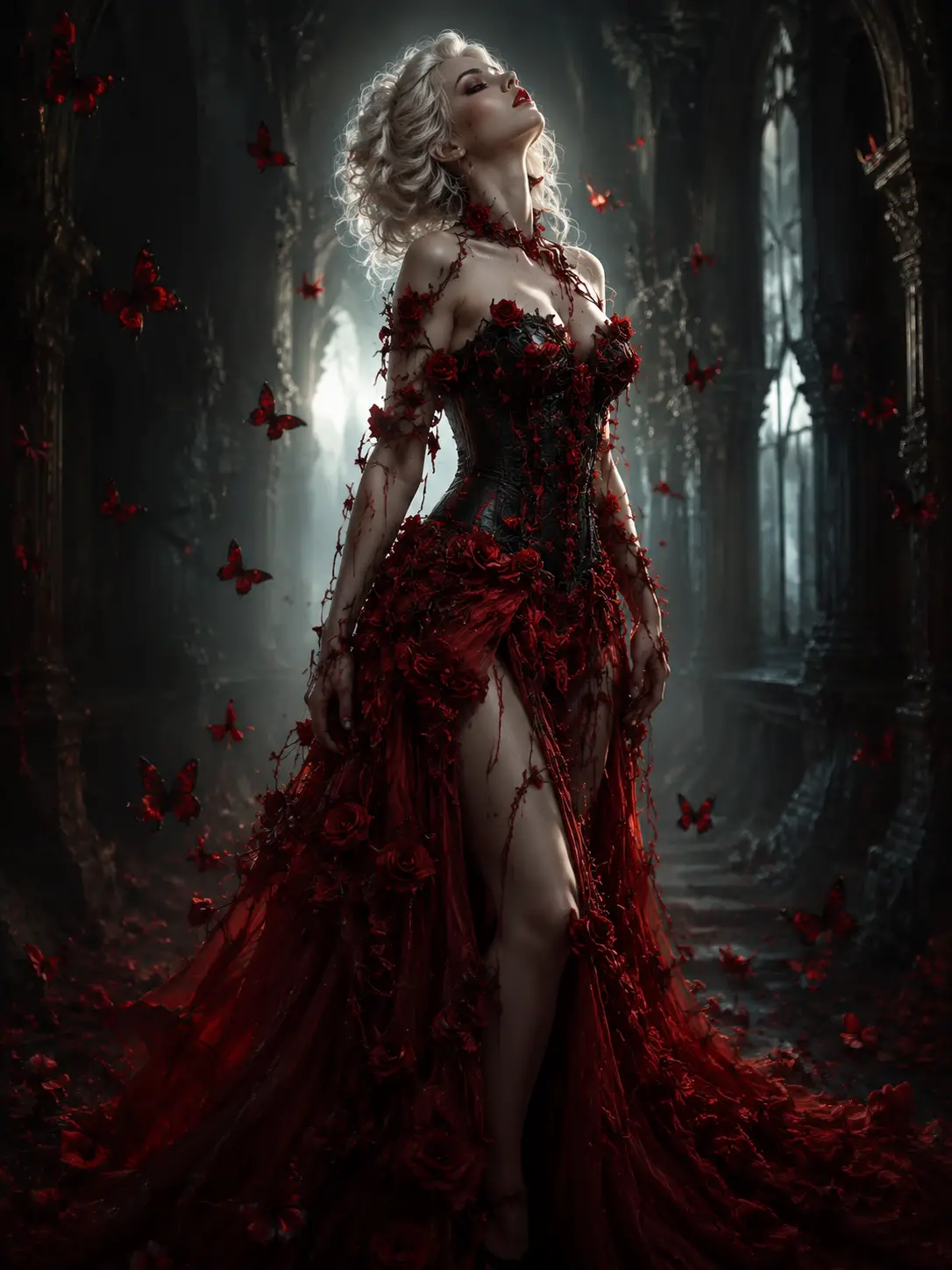 Woman in roses in a dark gothic hallway