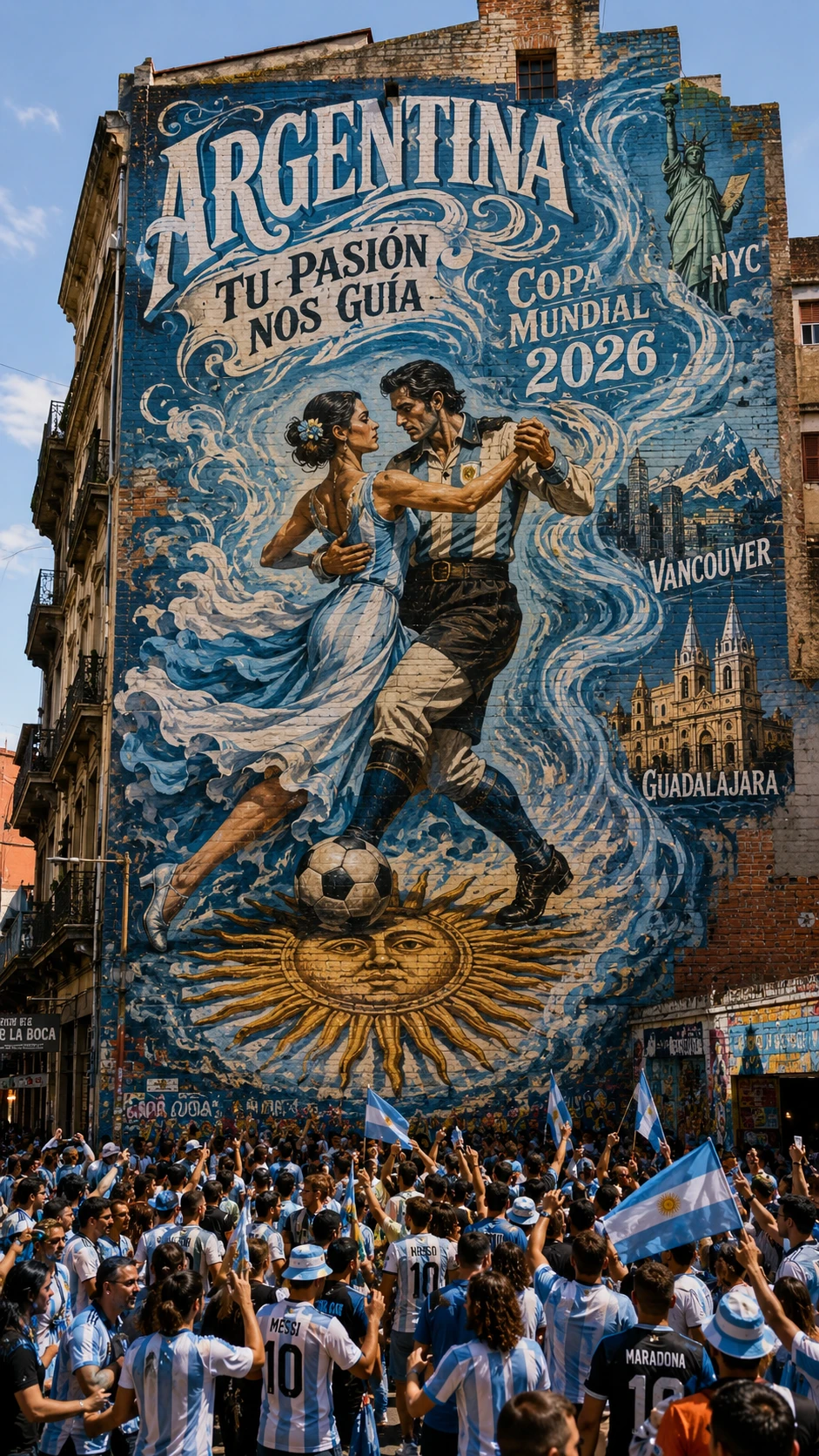 Enorme mural de fútbol en Buenos Aires con aficionados celebrando