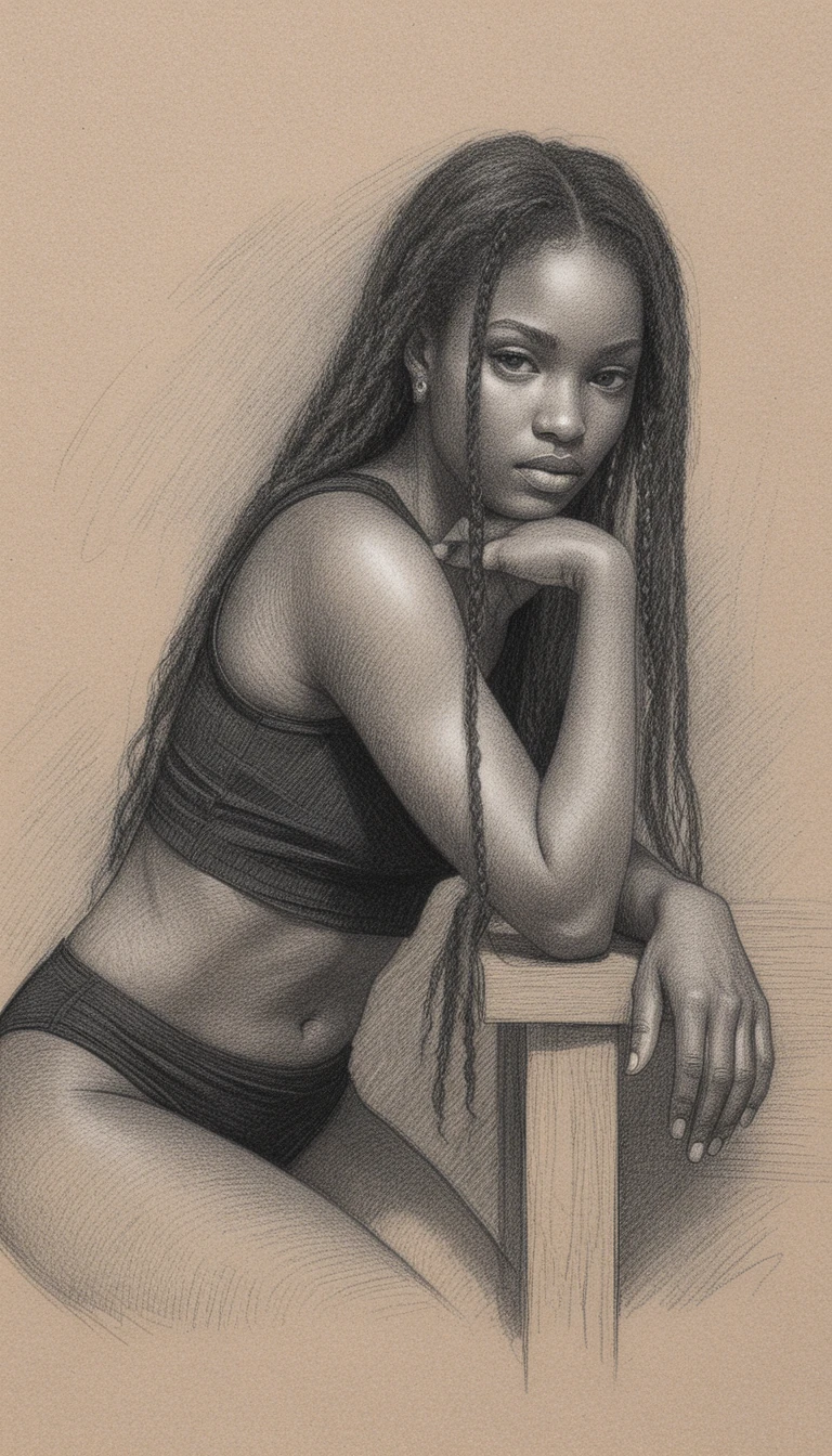 Graphite drawing of a woman resting in three quarter pose