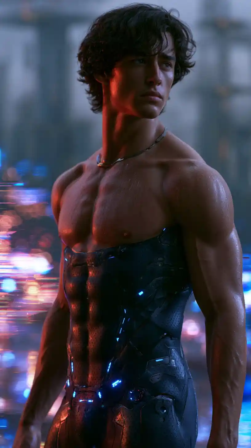 Young sci fi warrior standing in cyberpunk city armor