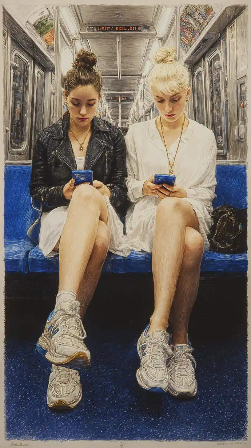 Two young women on a Paris metro absorbed in their phones
