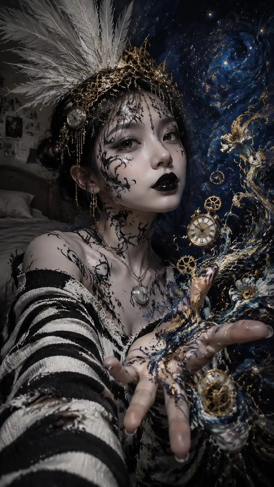 Korean girl selfie with tribal body paint and cosmic backdrop