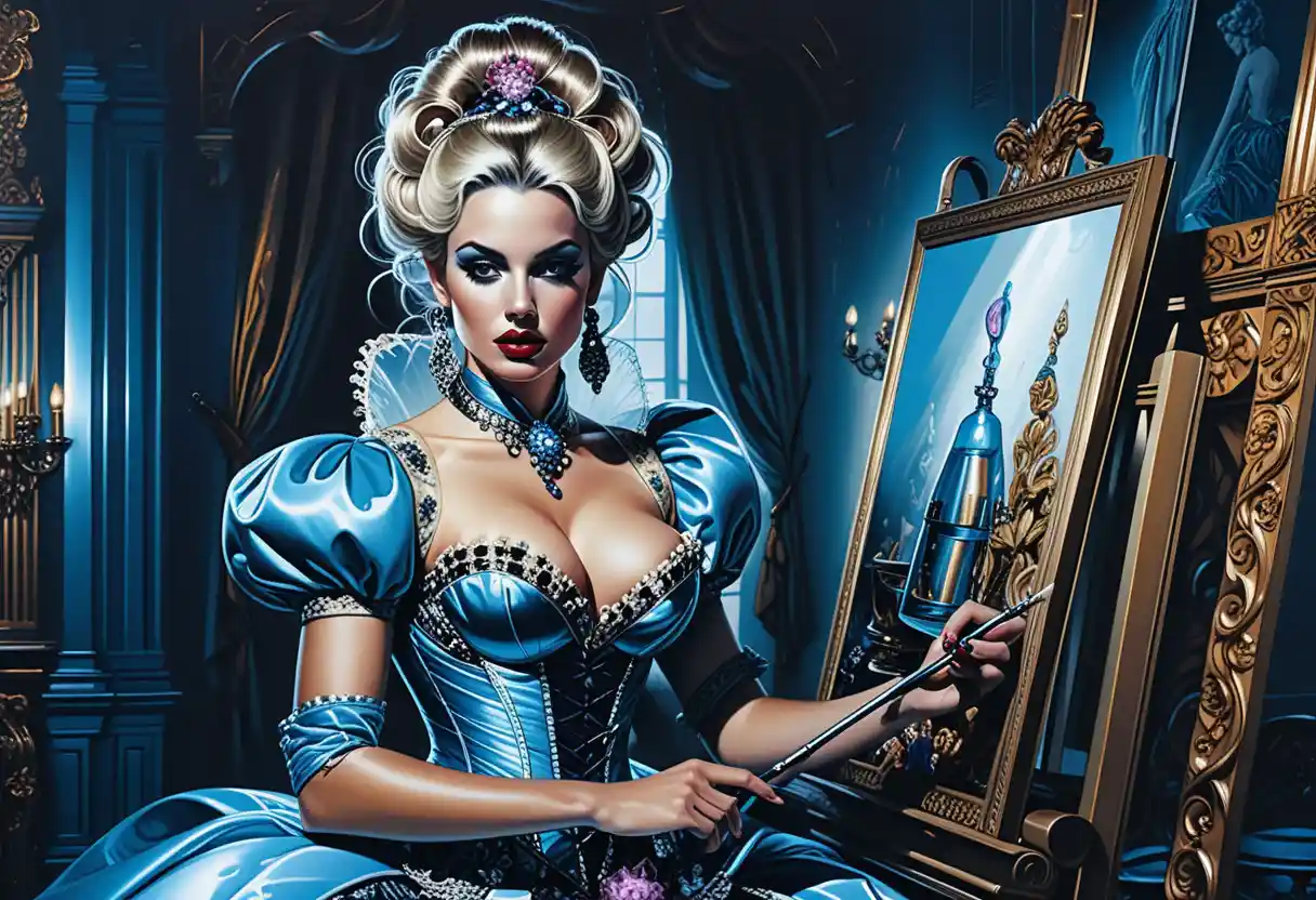 Sultry noble woman painting in lavish baroque chamber