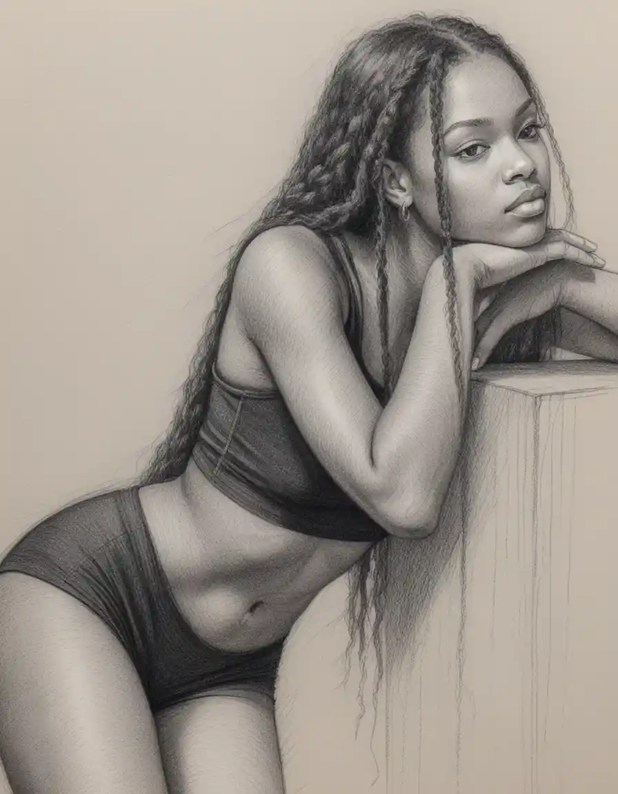 Graphite drawing of a woman resting in three quarter view